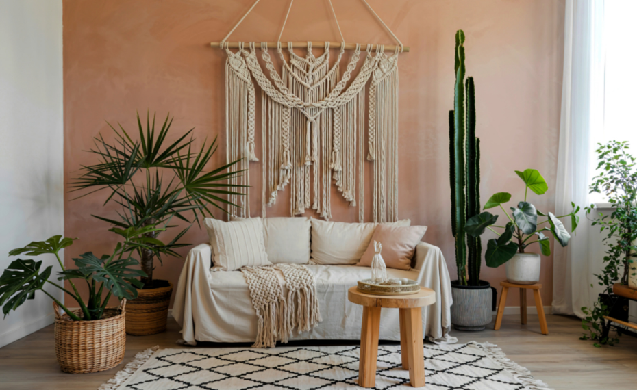 Bohemian decor with macrame wall hanging and plants