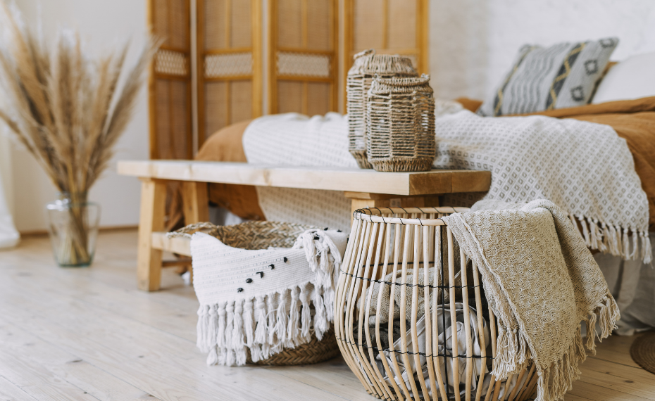 Wicker baskets and home textiles in neutral tones