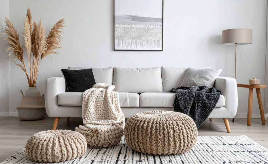 Scandinavian furniture with white sofa and knitted poufs